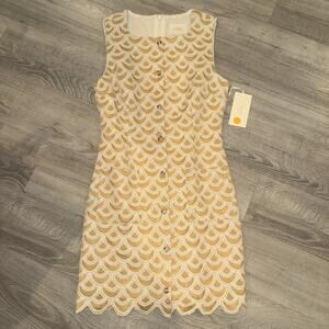 AROSE Studio Sample Dress Gold Ivory Embroidered Lace Midi Button Front NWT